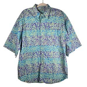 VINTAGE Bugle Boy Shirt Mens XL Blue Purple Abstract Geometric Button Front 90s